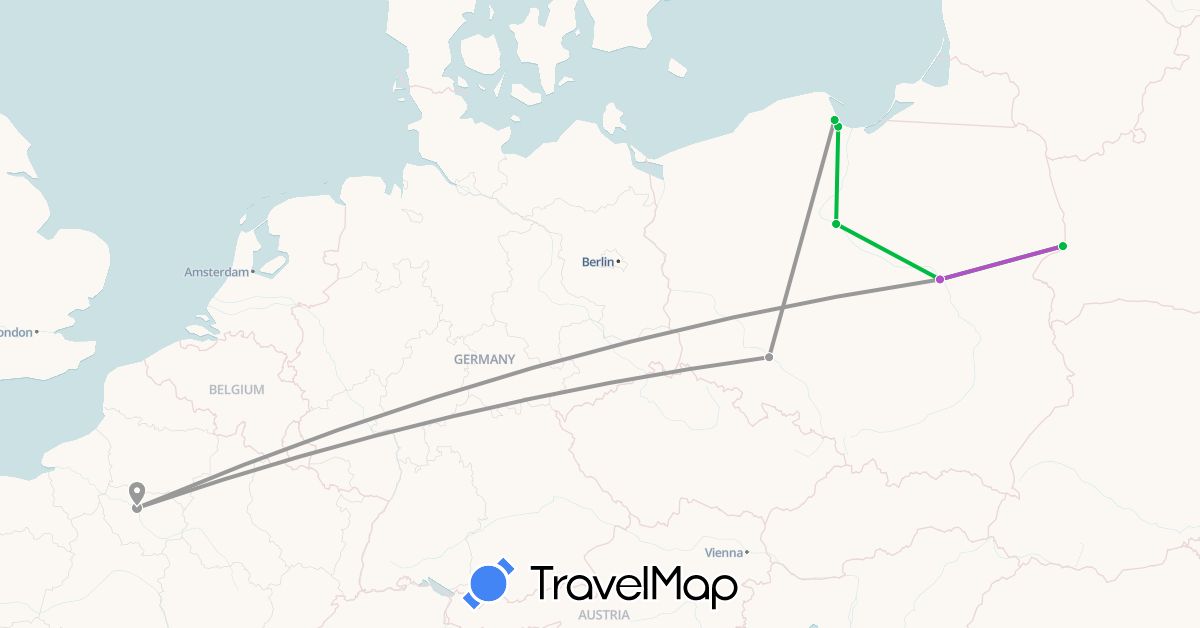 TravelMap itinerary: driving, bus, plane, train in France, Poland (Europe)