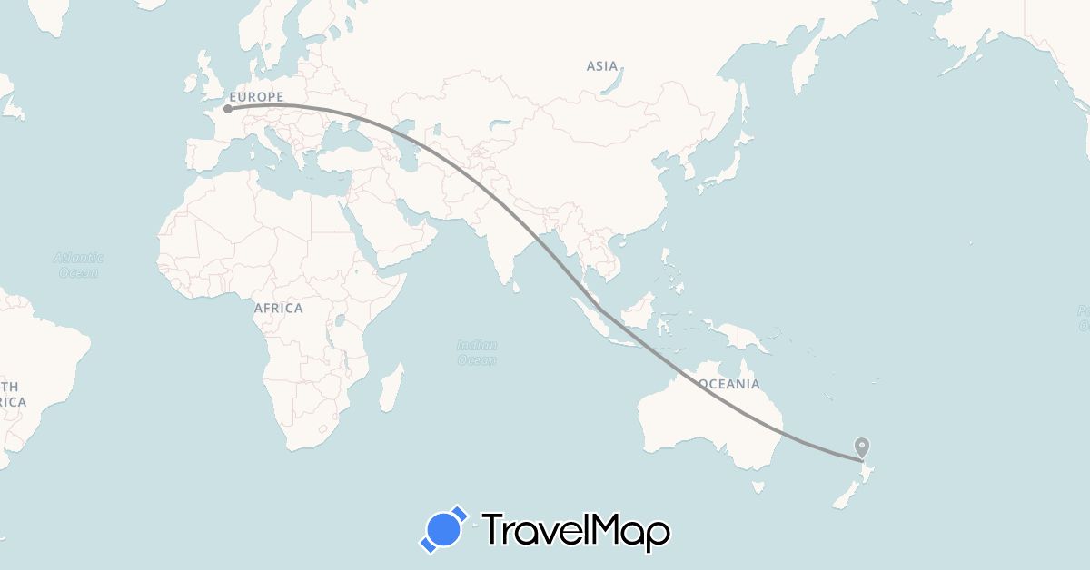 TravelMap itinerary: driving, plane in France, New Zealand, Singapore (Asia, Europe, Oceania)